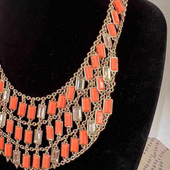 Banana Republic Milly 3 Layer Bib Necklace Orange Coral Gold Rhinestone … - Picture 7 of 9